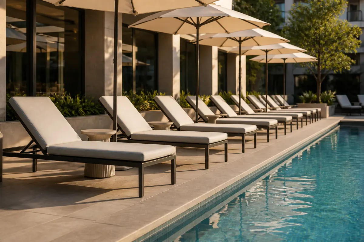 Row of commercial chaise lounges with side tables along a hotel pool edge, shot from deck level