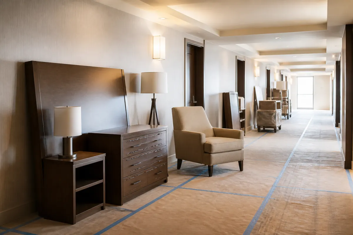 Hotel corridor during a renovation with guest room furniture staged neatly on protective floor covering