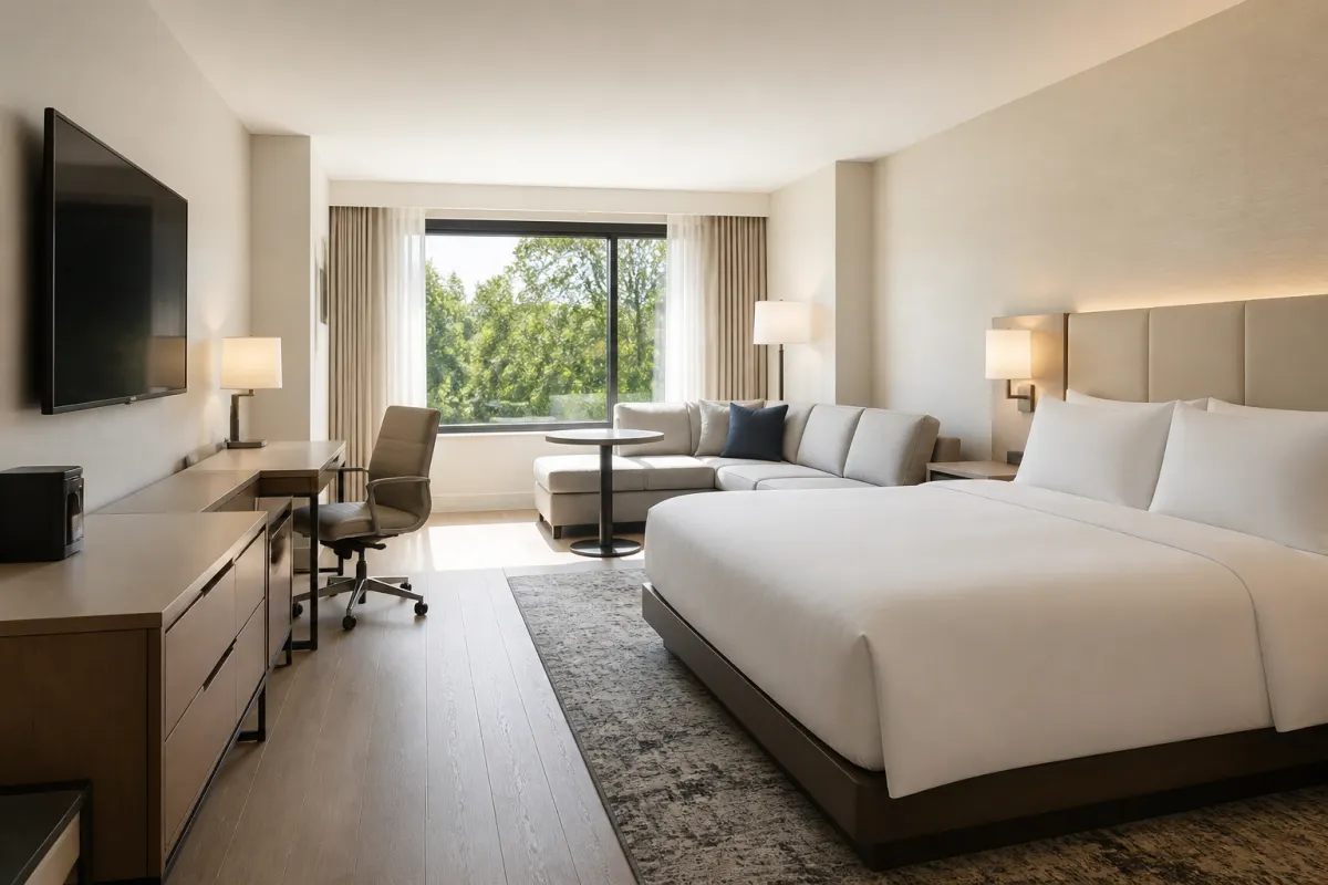 Freshly renovated hotel guest room with new generic casegoods and seating, crisp styling, wide shot