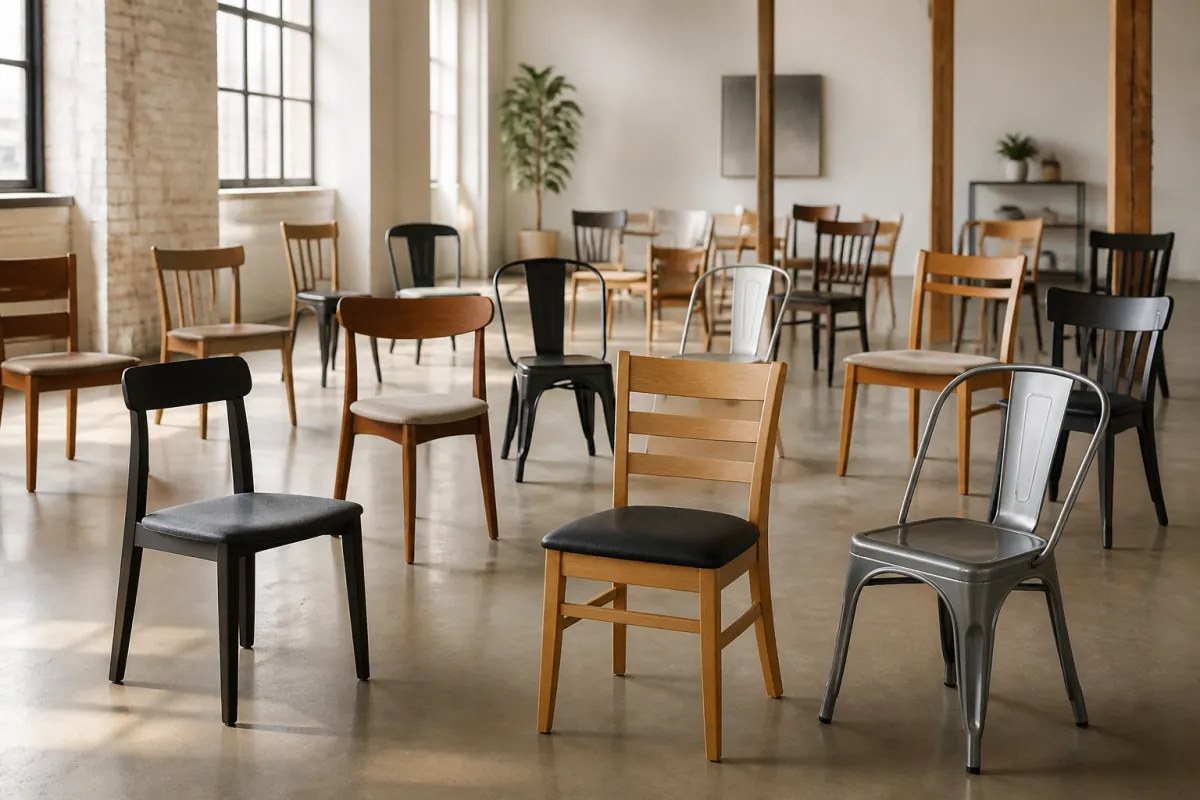 Assortment of generic commercial dining chairs in wood and metal arranged in a bright showroom like loft space