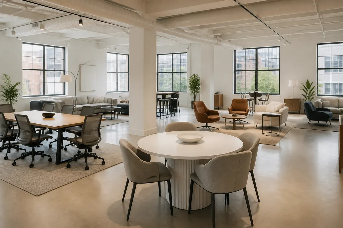 Bright furniture showroom loft with generic commercial chairs, tables, and lounge pieces staged in vignettes