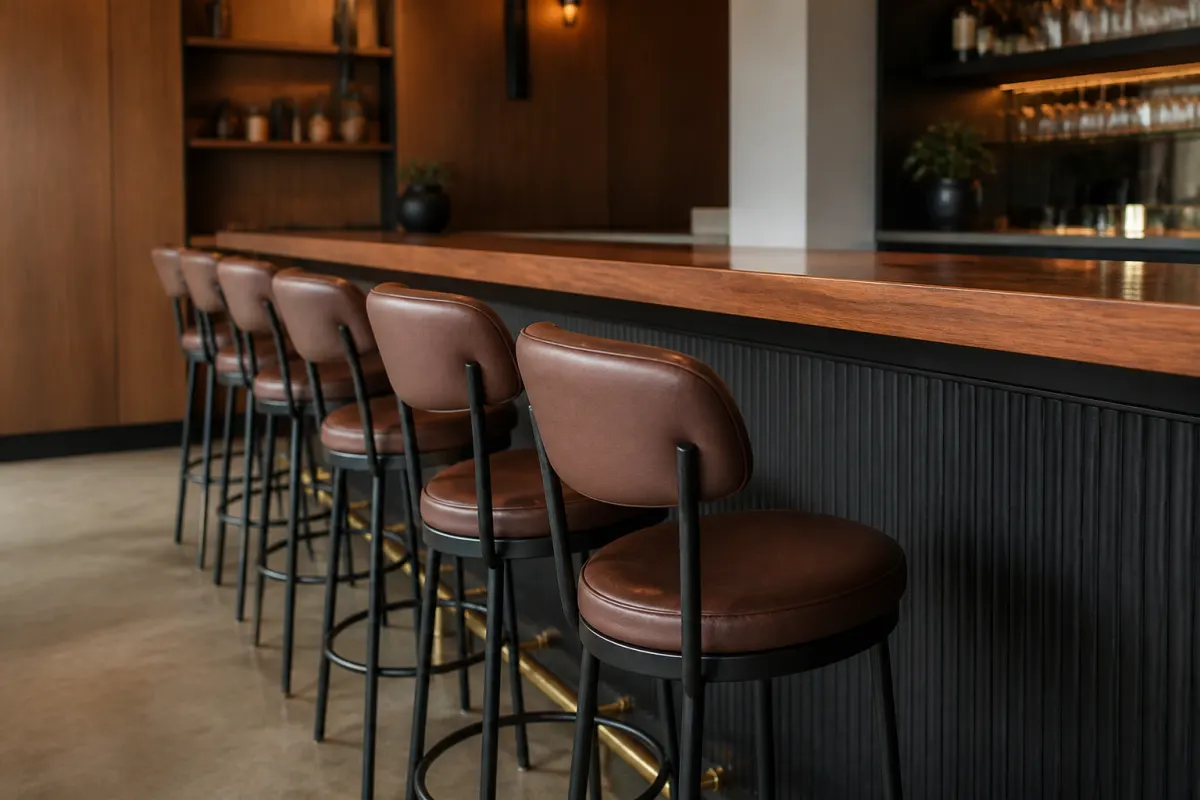 Row of generic commercial barstools at a wood topped bar counter, warm tones, editorial angle