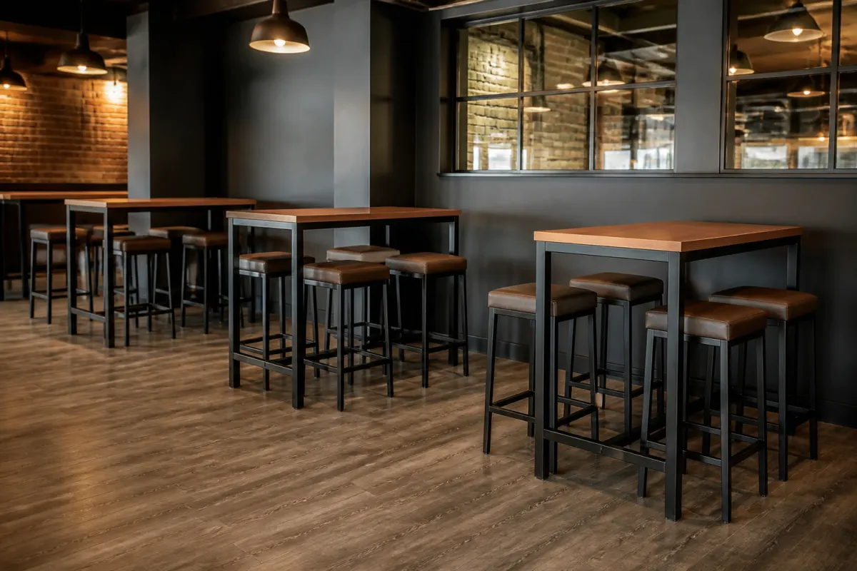 High top bar tables with matching stools in a modern tavern interior, seen from across the room