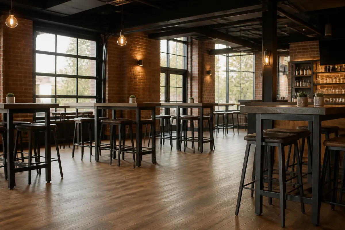 High top bar tables with matching stools in a modern tavern interior, seen from across the room