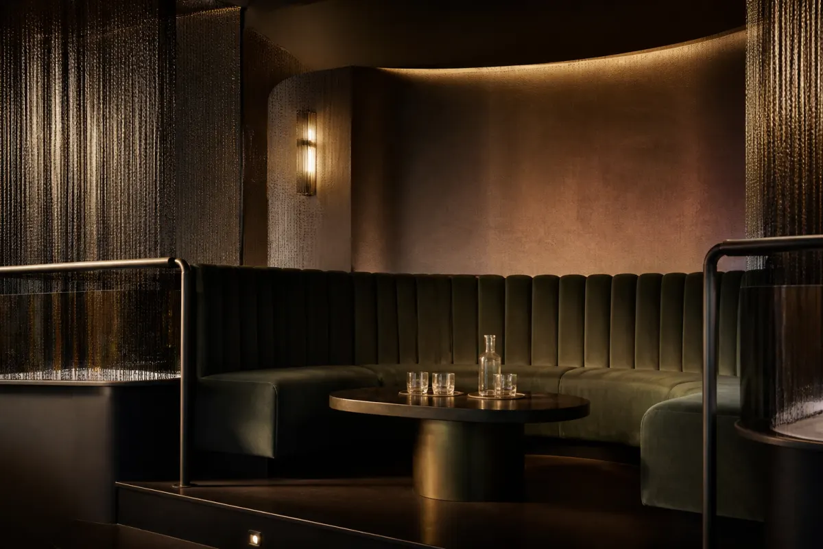 VIP seating alcove in a club with curved upholstered booths and a low table, moody editorial light