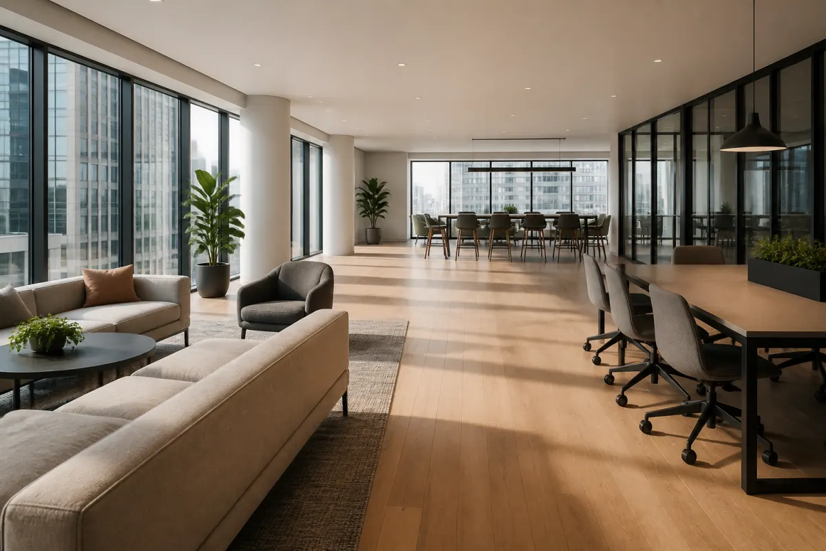 Contemporary corporate office lounge with generic sofas, task seating, and worktables, floor to ceiling windows