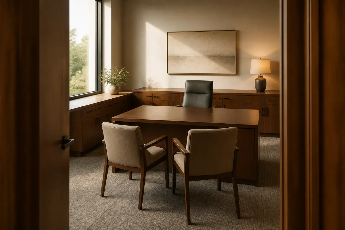 Private office furnished with a simple executive desk and guest chairs, warm wood tones, shot from the doorway