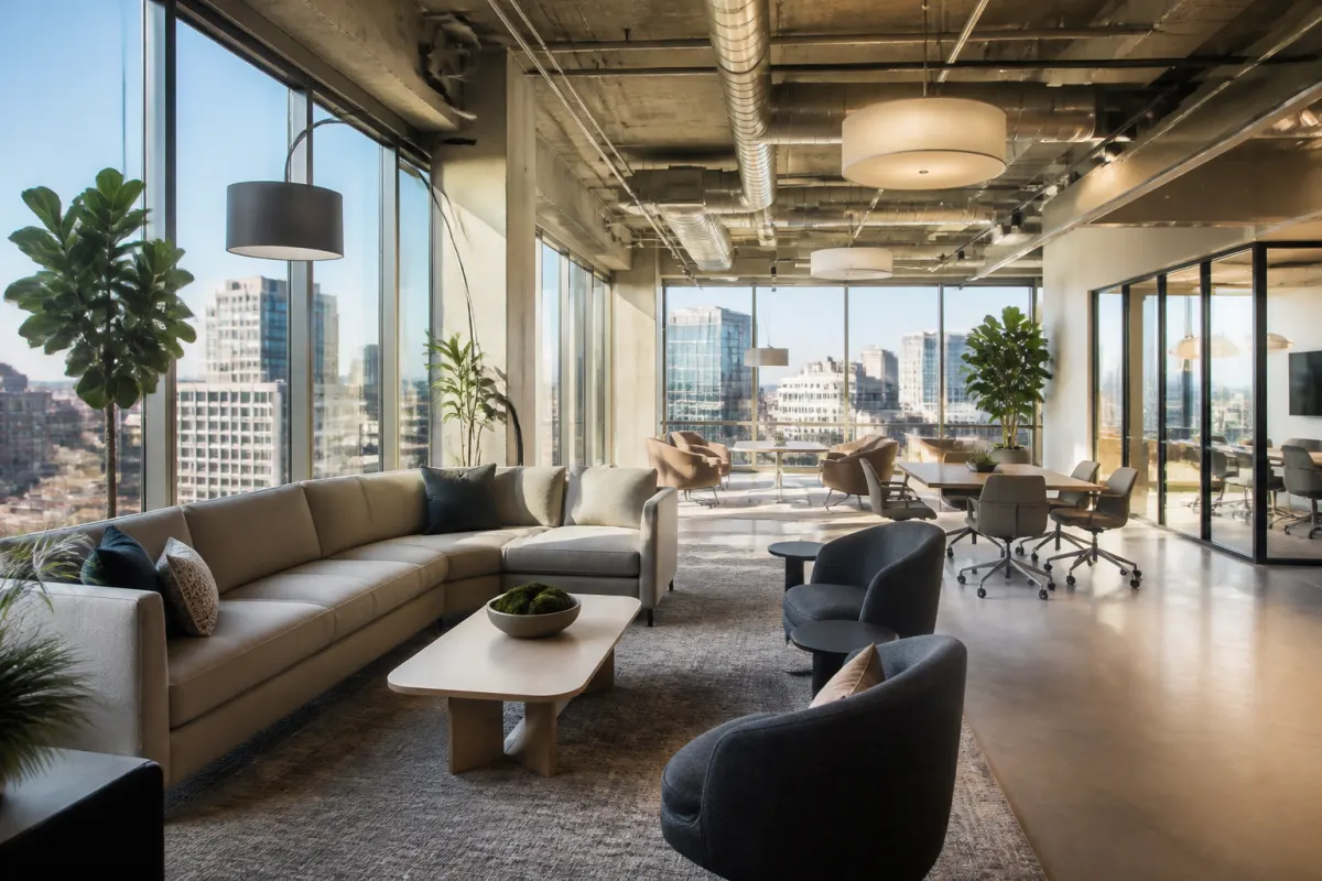 Contemporary corporate office lounge with generic sofas, task seating, and worktables, floor to ceiling windows