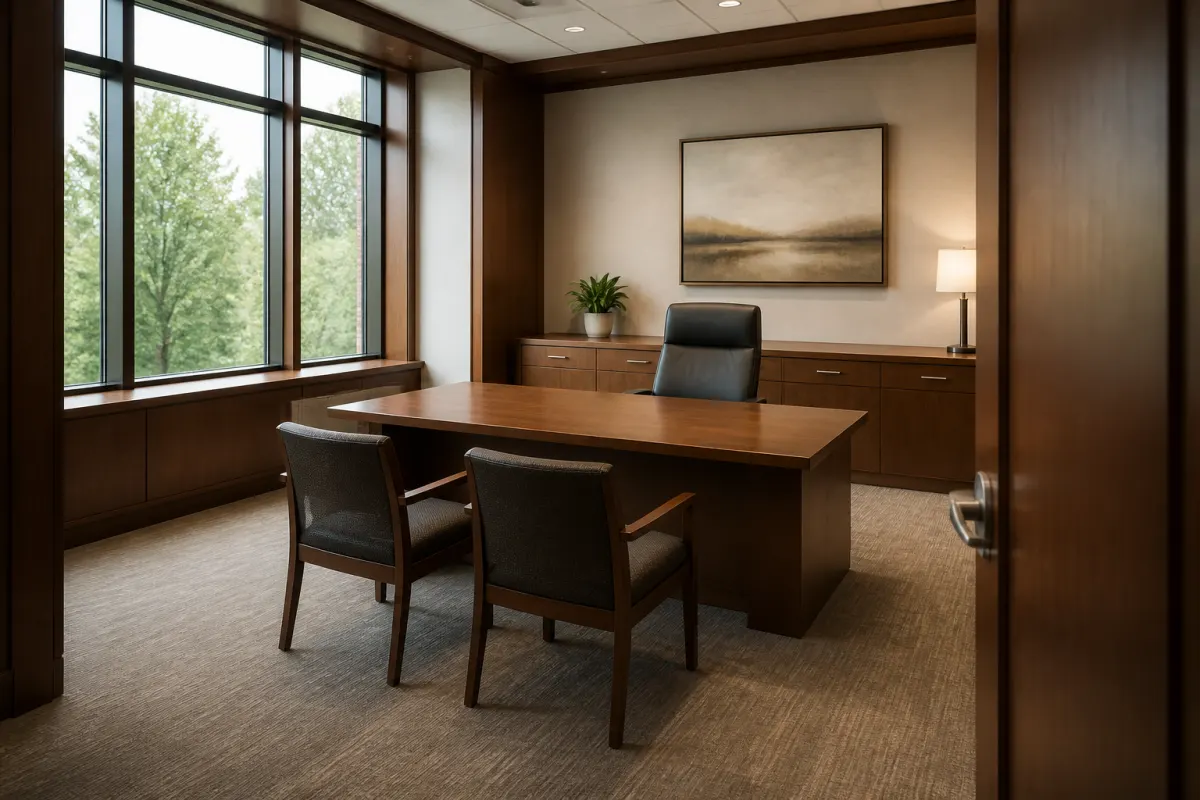 Private office furnished with a simple executive desk and guest chairs, warm wood tones, shot from the doorway