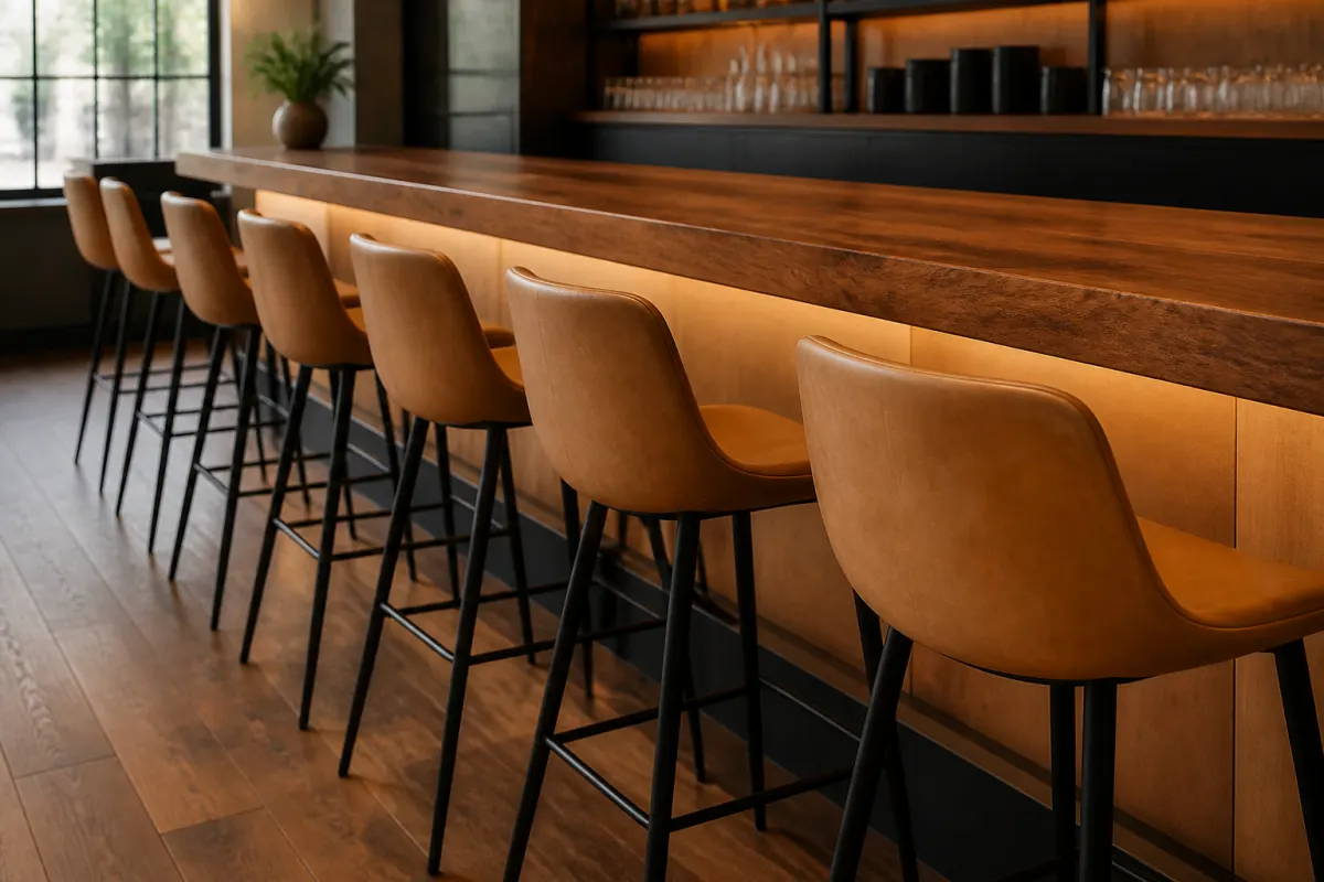 Row of generic commercial barstools at a wood topped bar counter, warm tones, editorial angle