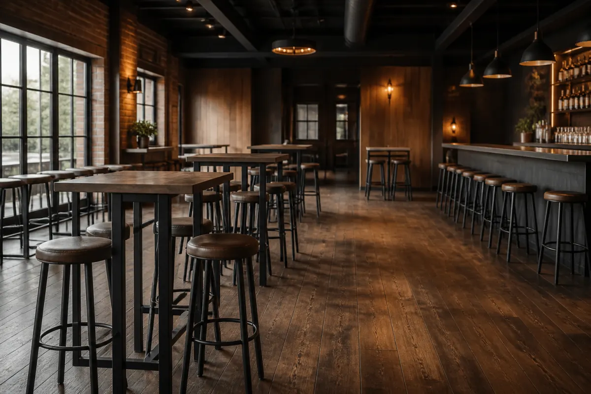 High top bar tables with matching stools in a modern tavern interior, seen from across the room