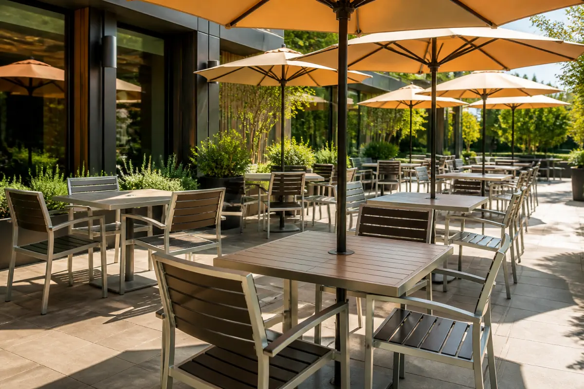 Restaurant patio with commercial aluminum tables and stacking chairs under market umbrellas, bright midday
