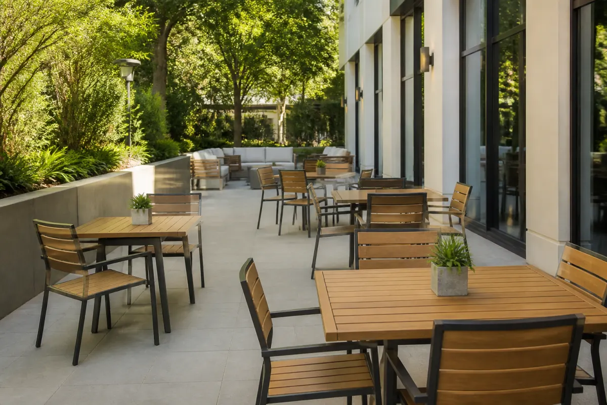 Commercial hotel patio with generic teak look and metal outdoor furniture groupings, landscaped surroundings