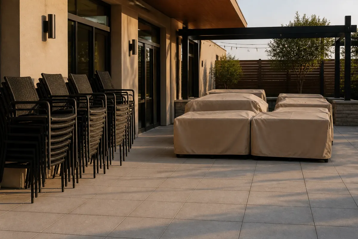 Stacked outdoor chairs and covered patio furniture staged for the season on a clean terrace