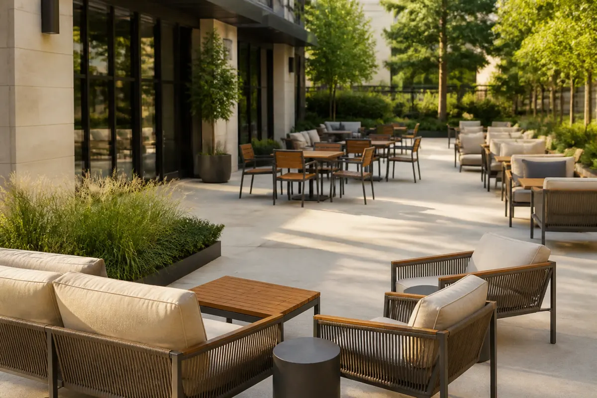 Commercial hotel patio with generic teak look and metal outdoor furniture groupings, landscaped surroundings