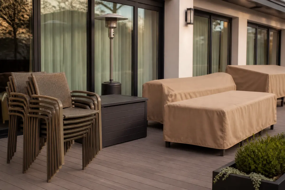 Stacked outdoor chairs and covered patio furniture staged for the season on a clean terrace