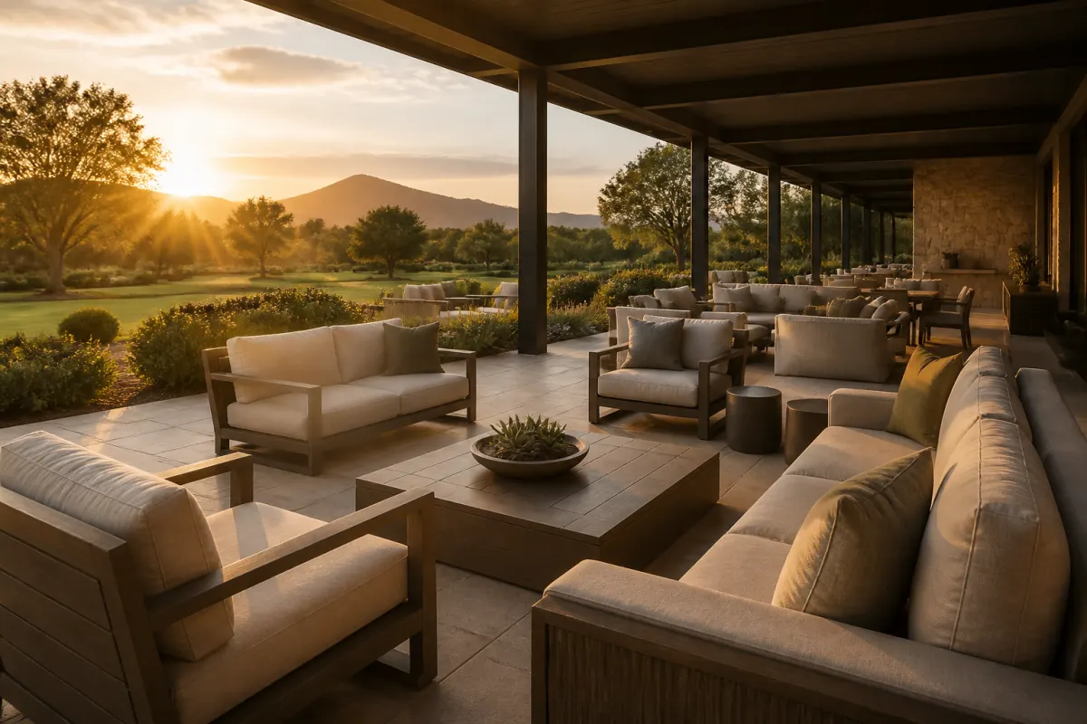 Hotel pool deck with commercial grade loungers, umbrellas, and side tables, bright daylight