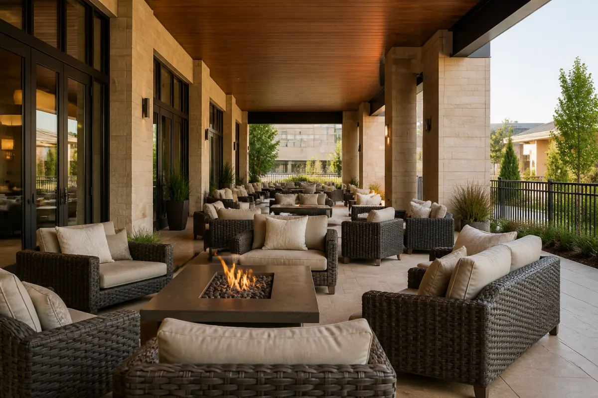 Covered hotel patio with woven look outdoor lounge chairs and sofas arranged around fire tables, wide view