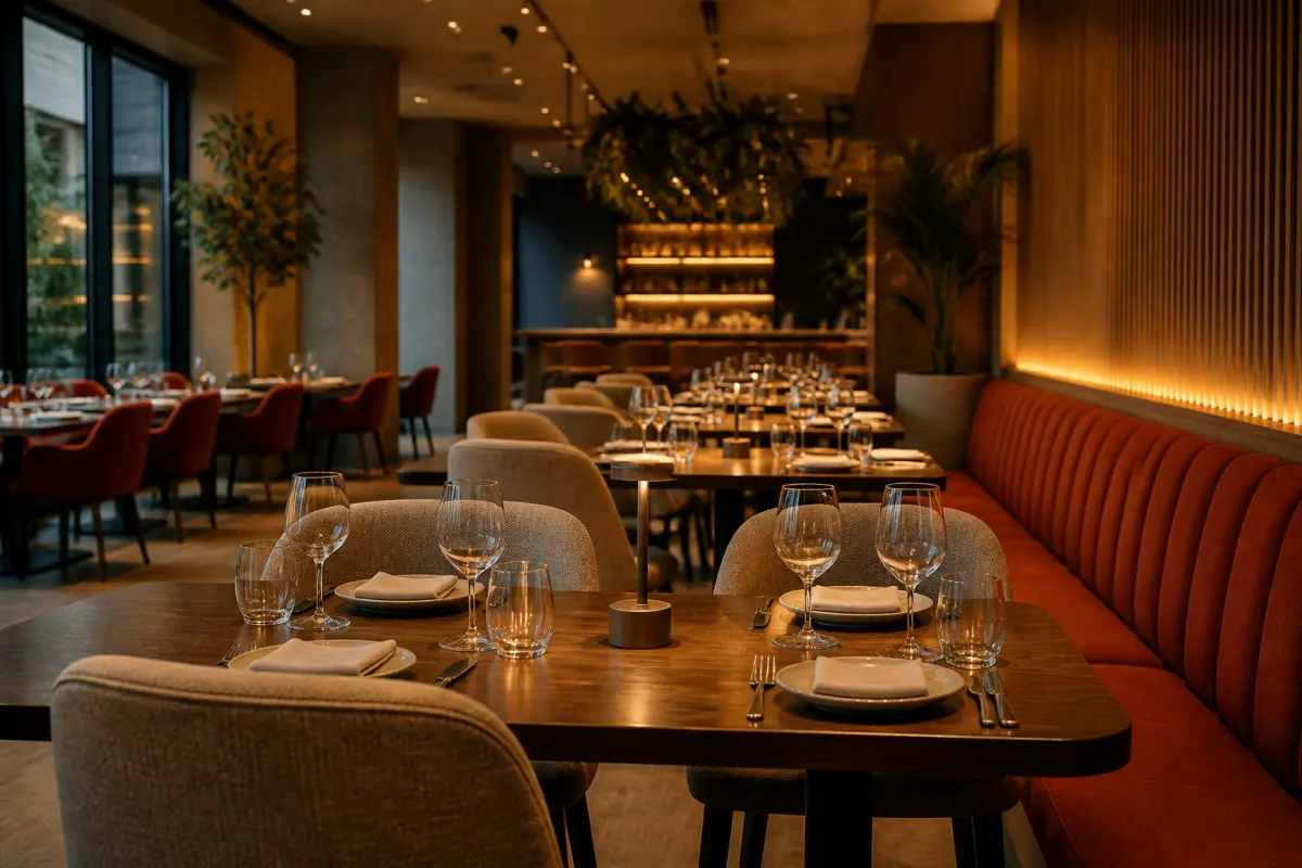 Warm modern restaurant dining room with commercial tables and upholstered chairs, evening editorial light