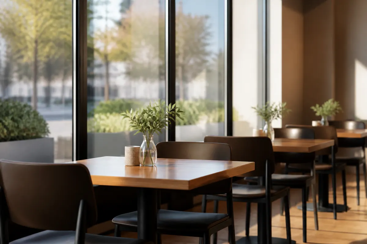 Window side dining tables with generic commercial chairs, soft daylight, shallow depth of field
