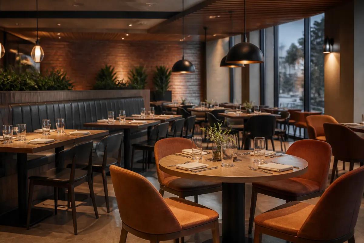 Warm modern restaurant dining room with commercial tables and upholstered chairs, evening editorial light