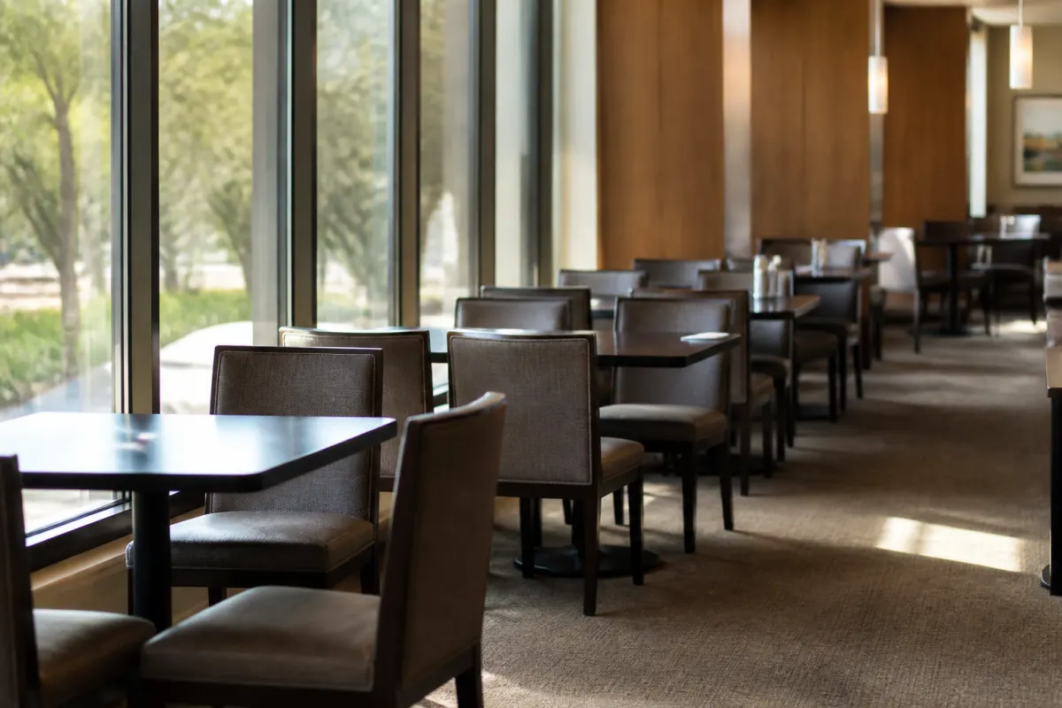 Window side dining tables with generic commercial chairs, soft daylight, shallow depth of field