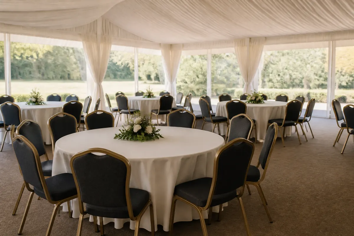 Reception tent interior with round tables and elegant stacking chairs, soft diffused daylight