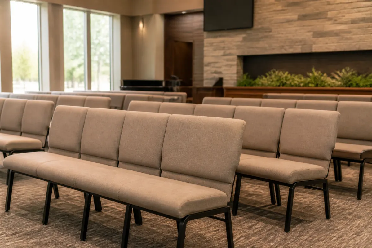 Rows of padded upholstered church chairs ganged together in a modern sanctuary, warm neutral tones