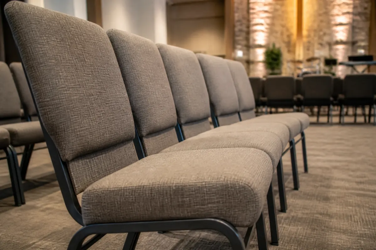 Close angle down a row of generic padded church chairs showing clean upholstery and metal frames, sanctuary softly lit behind
