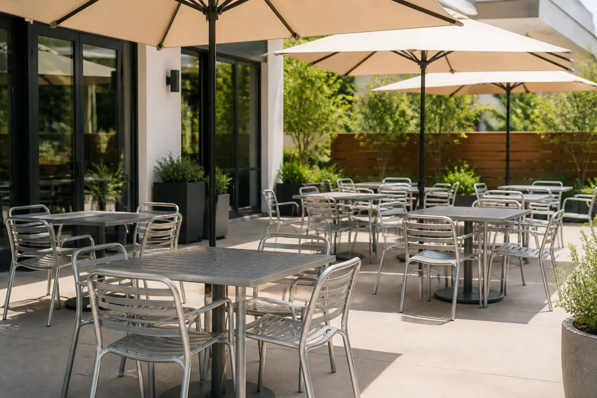 Restaurant patio with commercial aluminum tables and stacking chairs under market umbrellas, bright midday