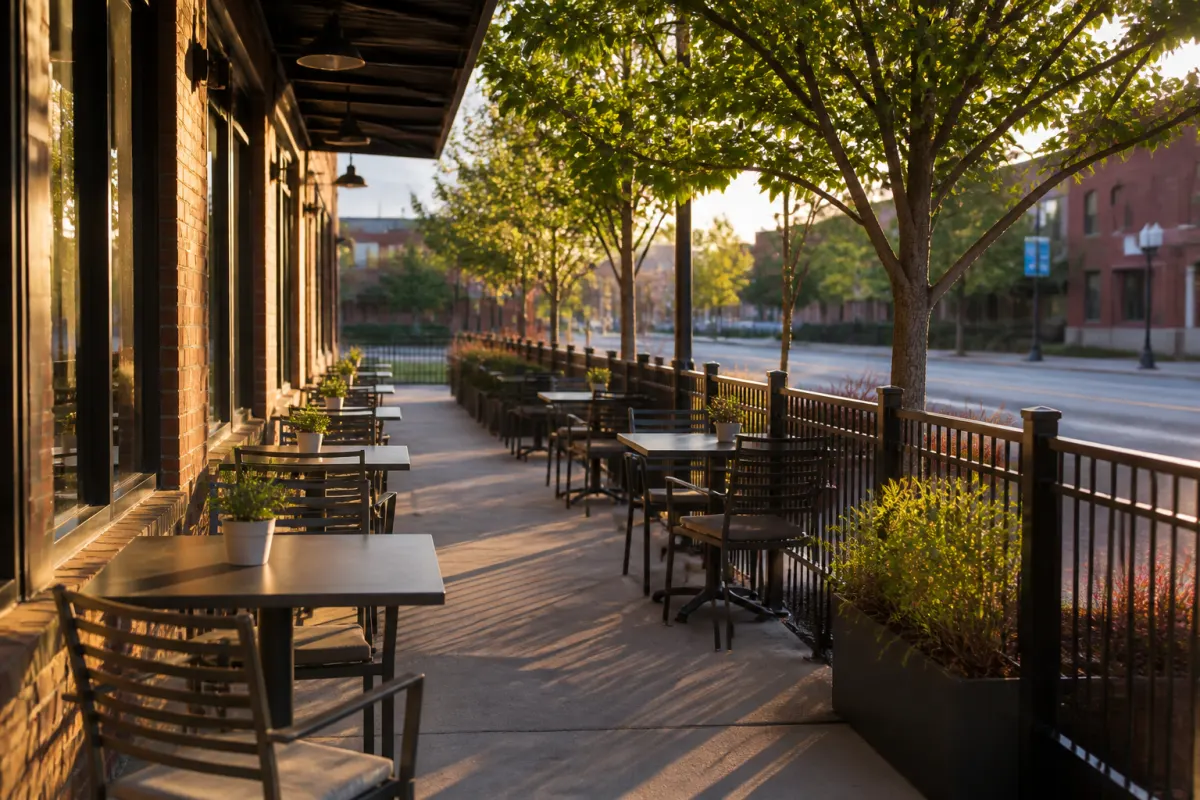 Fenced sidewalk dining area with rows of outdoor tables and chairs, golden hour, no signage