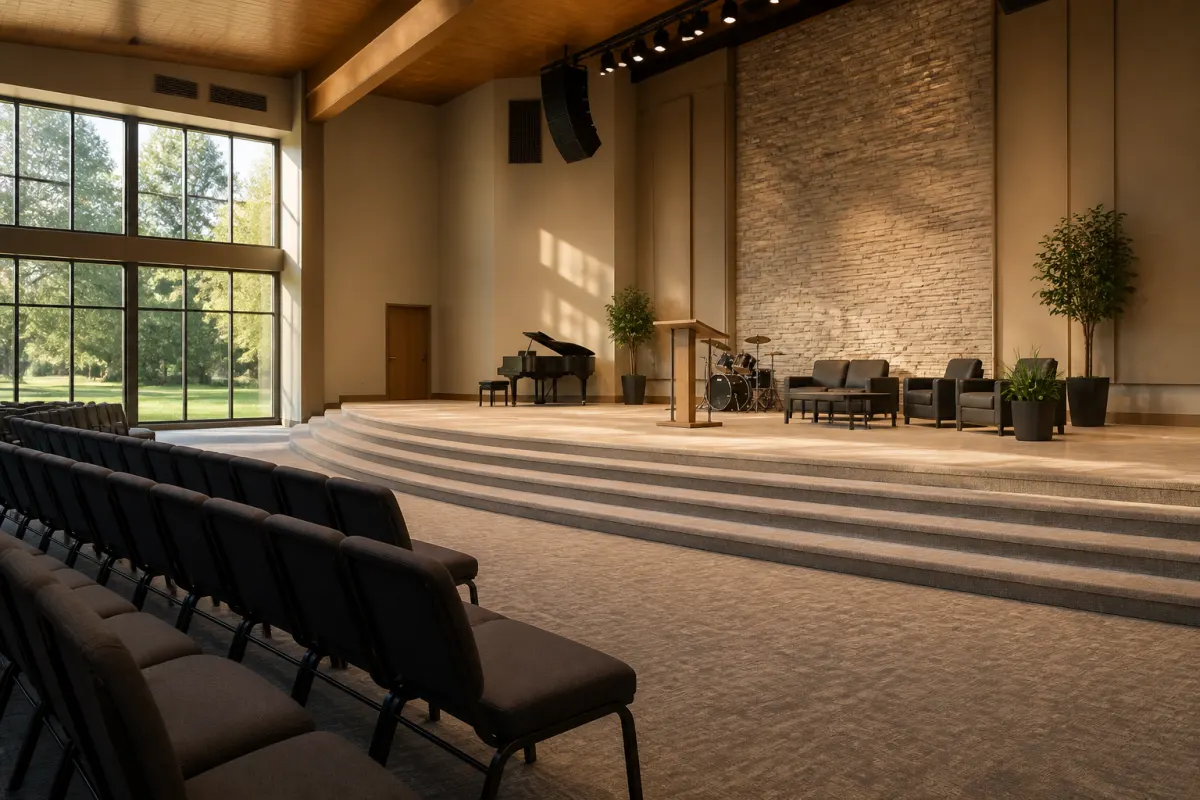 Sanctuary platform photographed from the side aisle showing the raised stage, steps, and seating rows in the foreground