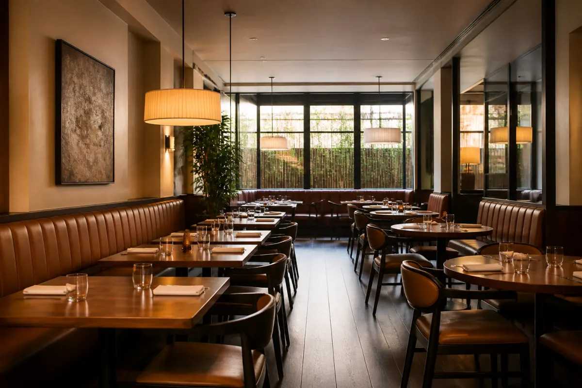 Restaurant dining room with upholstered booth seating along the walls and tables down the middle, warm evening light
