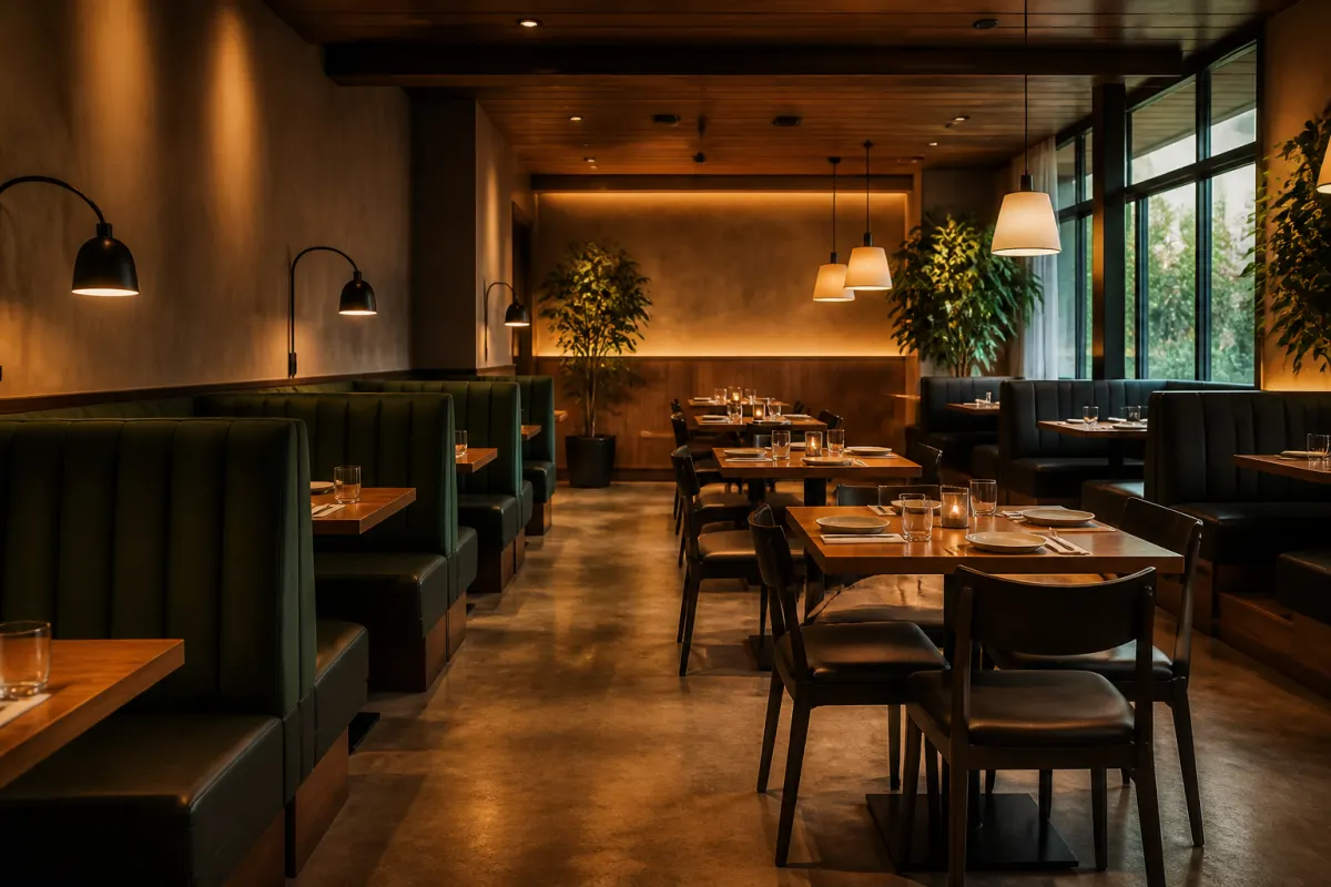 Restaurant dining room with upholstered booth seating along the walls and tables down the middle, warm evening light