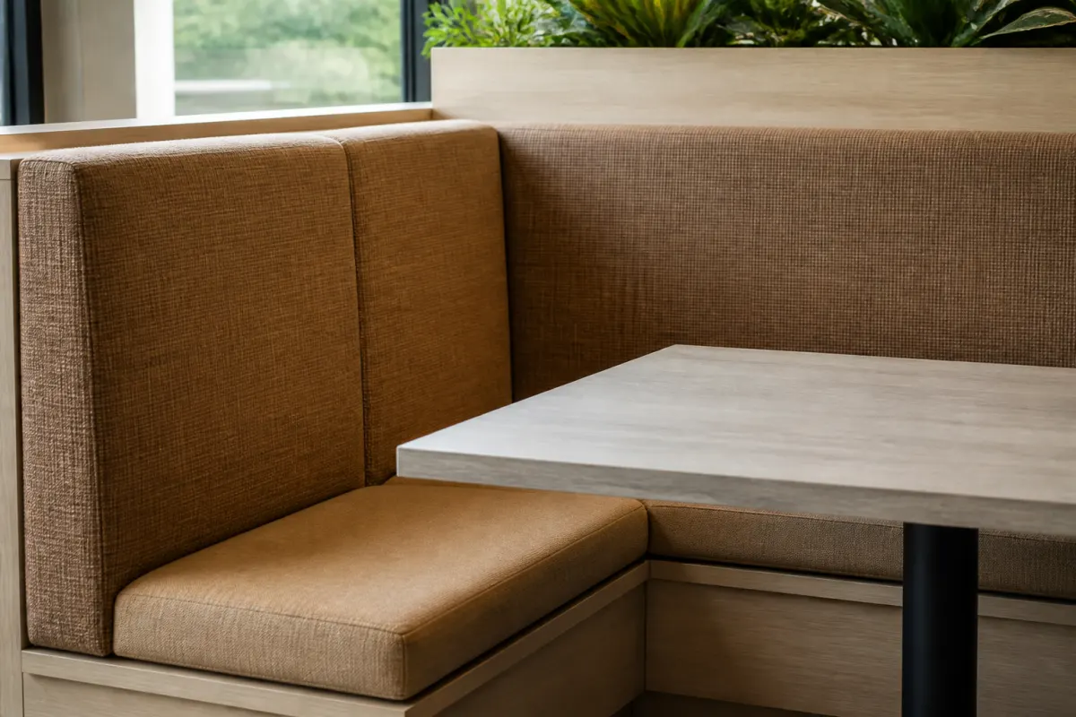 Close angle on a corner booth with generic upholstered benches and a laminate table, clean styling