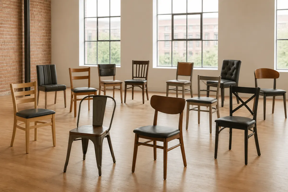 Assortment of generic commercial dining chairs in wood and metal arranged in a bright showroom like loft space