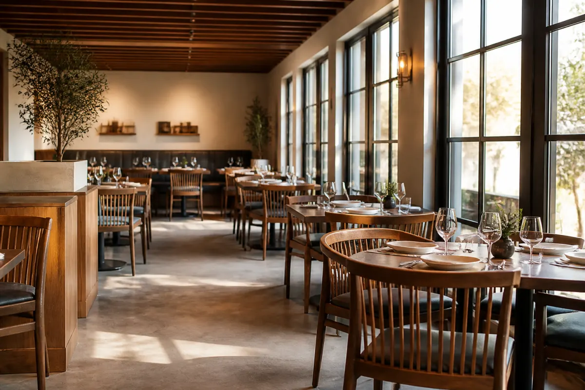 Restaurant dining room with matching wood frame chairs at set tables, warm editorial light