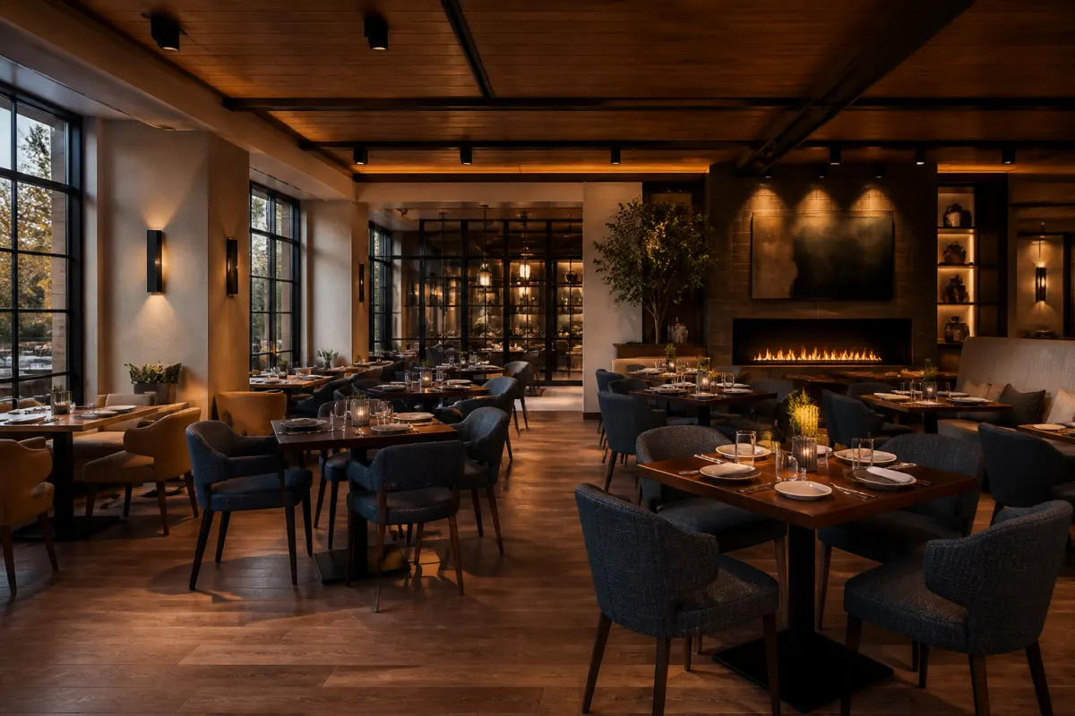 Warm modern restaurant dining room with commercial tables and upholstered chairs, evening editorial light