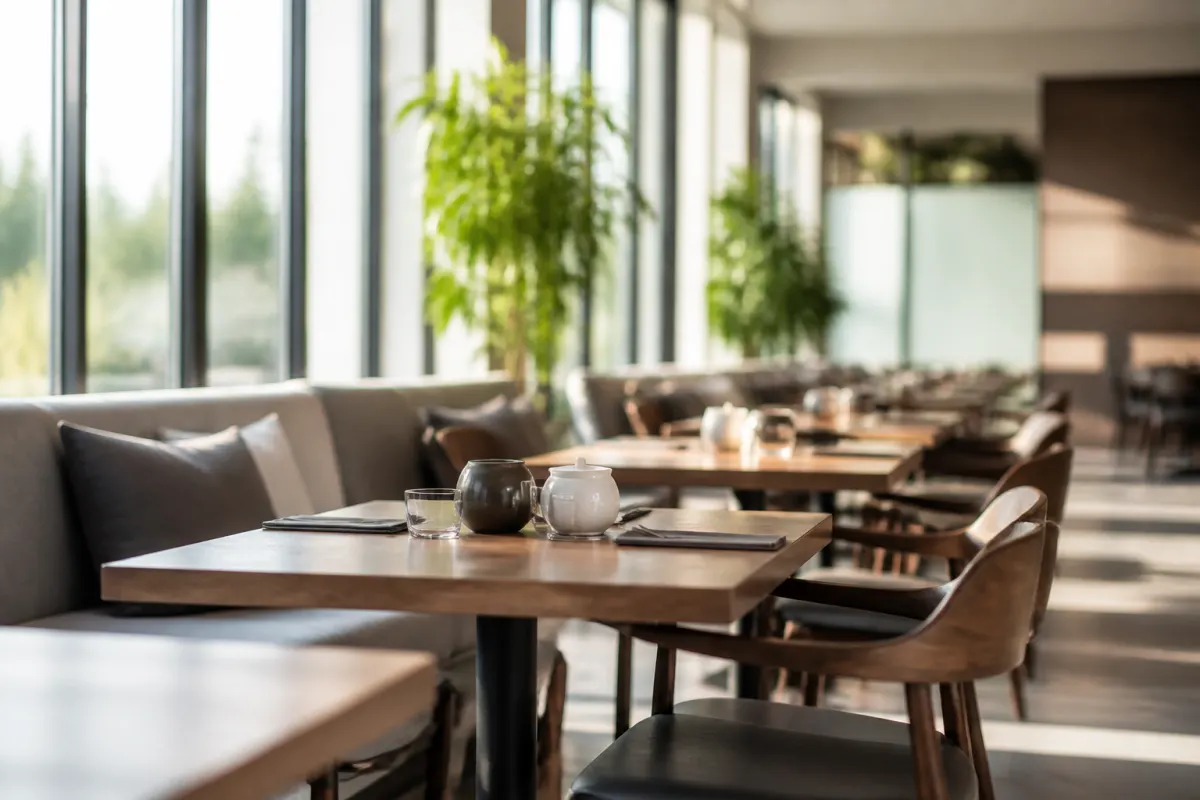 Window side dining tables with generic commercial chairs, soft daylight, shallow depth of field