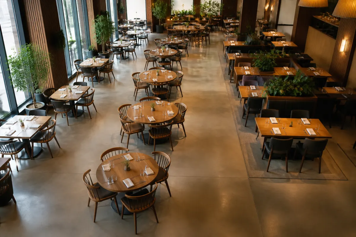 Restaurant floor with a mix of round and rectangular tables showing clear circulation aisles, wide overhead style angle