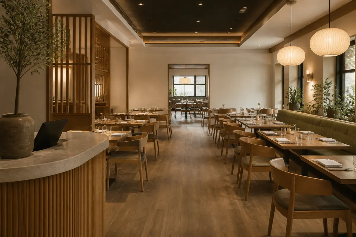 Dining room zone with tables spaced for service flow, viewed from the host stand area