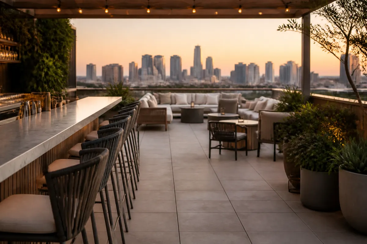 Rooftop bar terrace with weatherproof stools at a counter edge and lounge seating beyond, city skyline soft in background