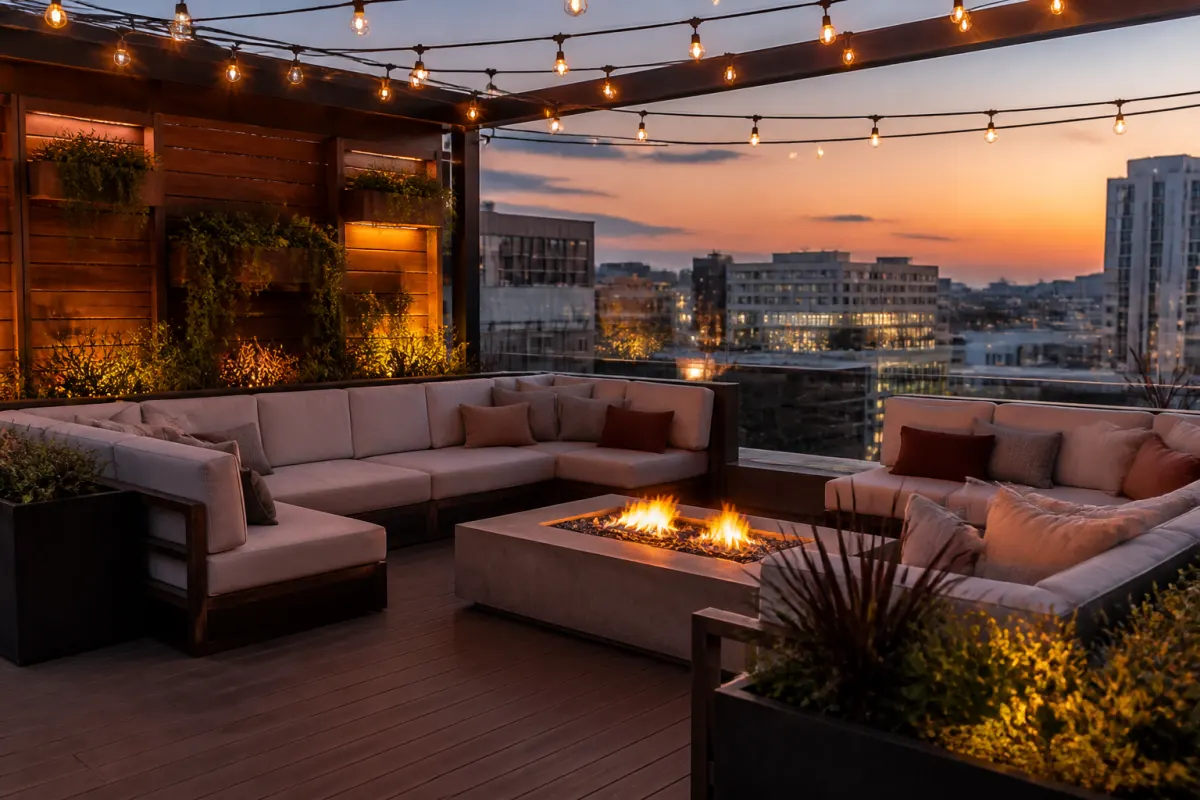 Rooftop lounge corner with outdoor sofas and fire table at dusk, warm string free ambient light