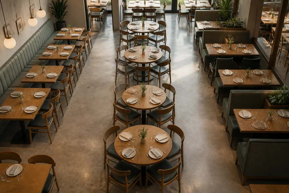 Restaurant floor with a mix of round and rectangular tables showing clear circulation aisles, wide overhead style angle