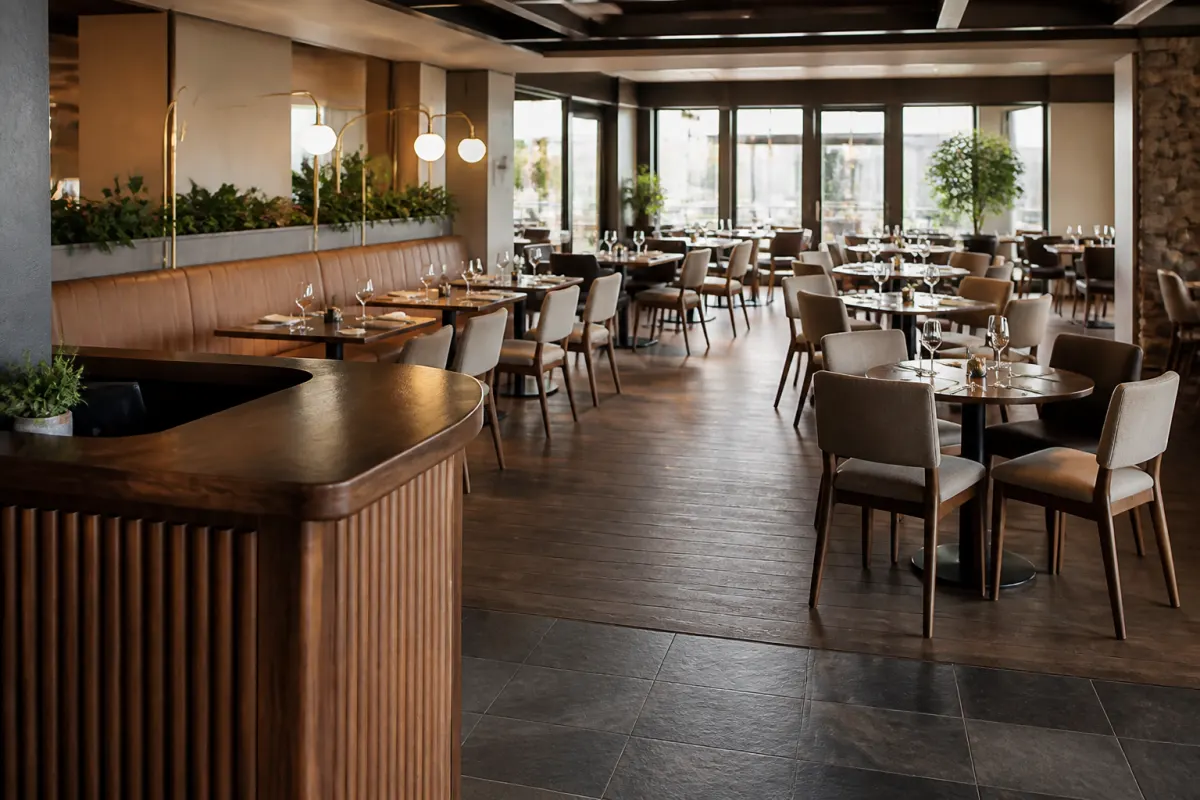 Dining room zone with tables spaced for service flow, viewed from the host stand area