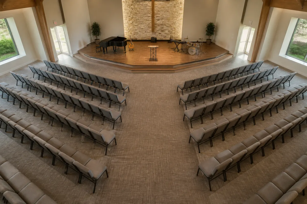 Overhead style wide view of a sanctuary with padded church chairs arranged in angled sections around a center aisle