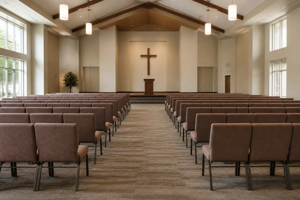 Rear view of a modern sanctuary with straight rows of interlocked church chairs and generous aisle spacing