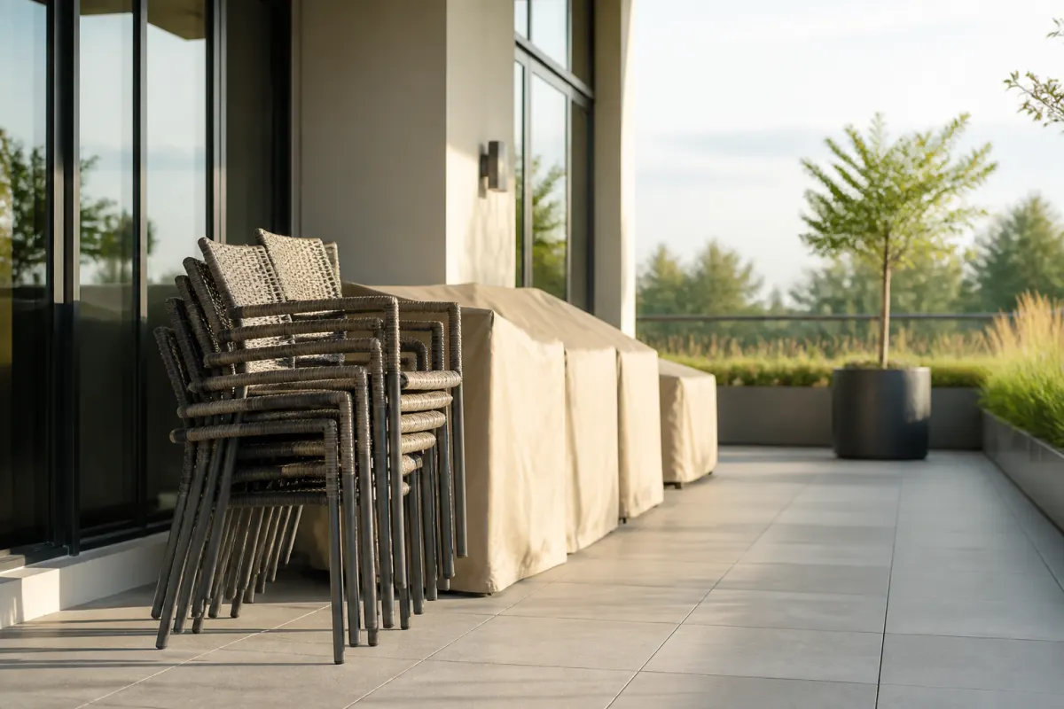 Stacked outdoor chairs and covered patio furniture staged for the season on a clean terrace