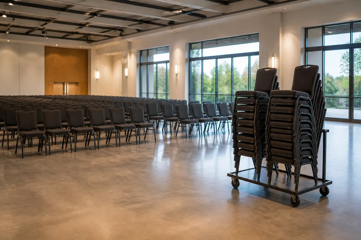 Event hall half set with rows of stacking chairs and remaining stacks on a dolly free floor nearby