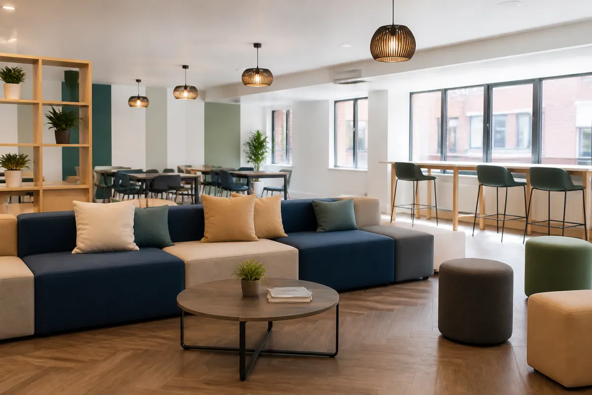 Student housing common room with durable modular lounge seating and study tables, bright casual space